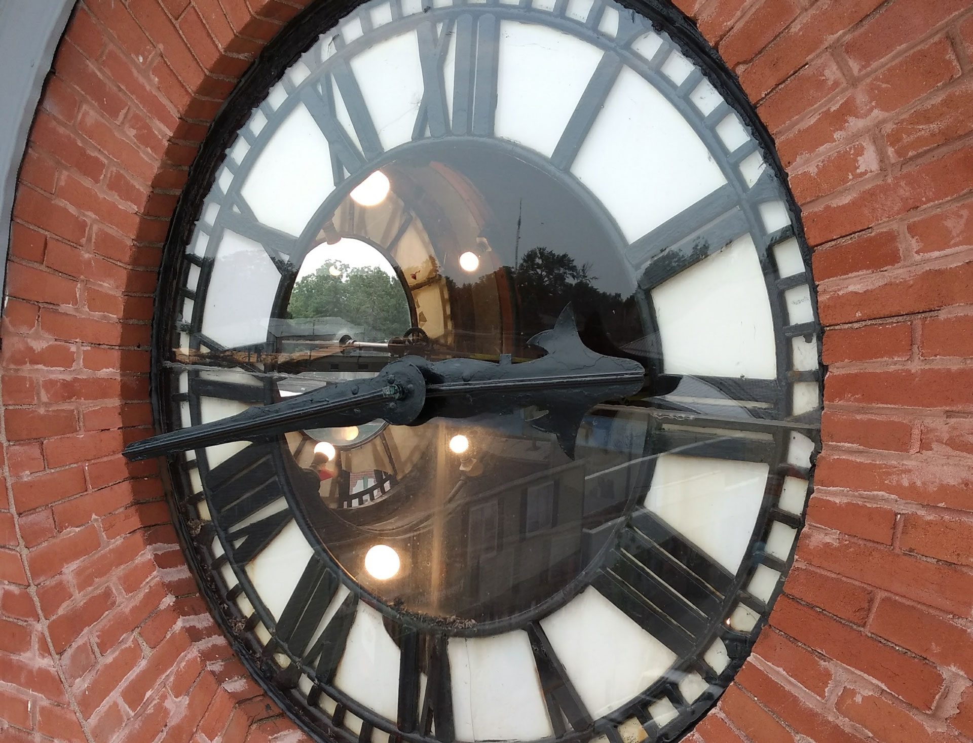 close up of the harriston post office clock face